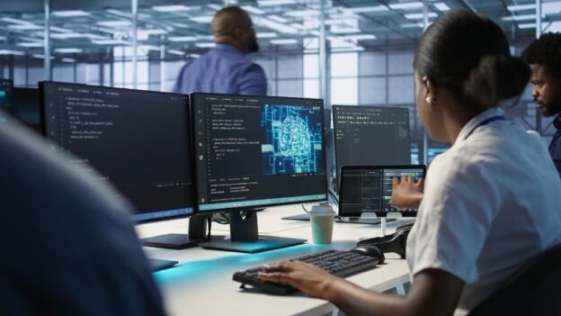 Engineer in data center implementing advanced AI systems